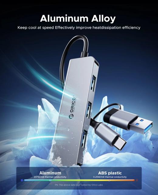 Хъб Orico YSA6-U3, 4-портов, 1x SD/TF, 1x USB 3.0, 2x USB 2.0, Aluminium, Grey, USB (A) / Type-C