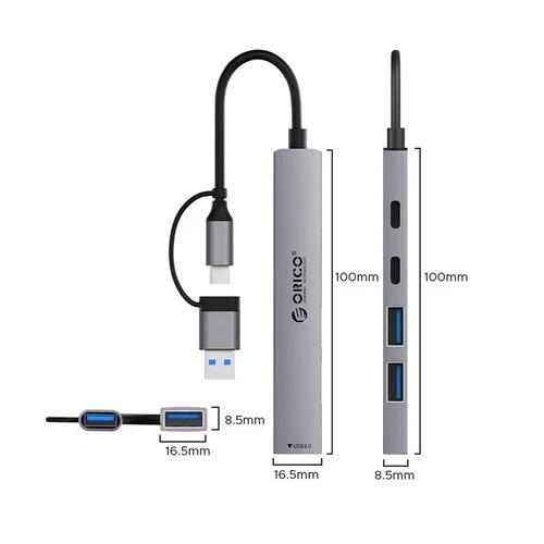Хъб Orico YSA4-U2, 5-портов, 1x USB 3.0, 2x USB 2.0, 2x USB Type-C, Aluminium, Grey, USB (A) / Type-C