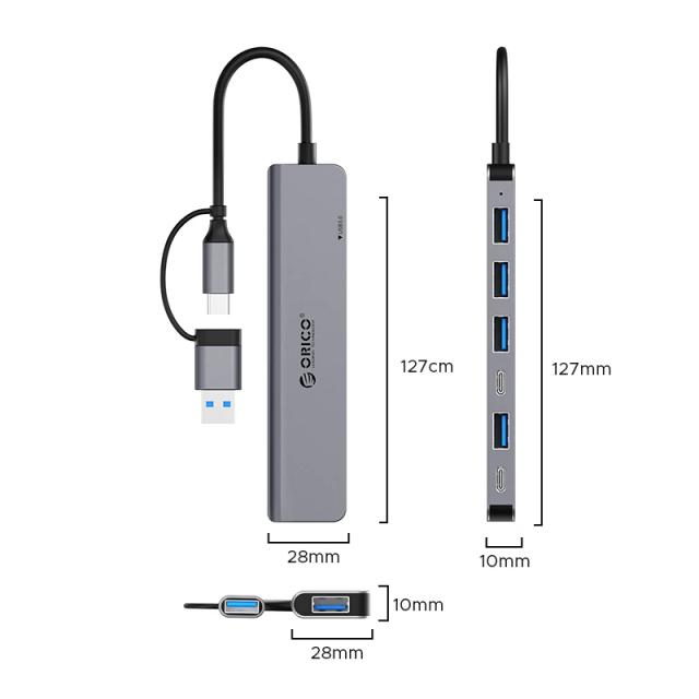 Хъб Orico YSA7-U3, 7-портов, 1x USB 3.0, 4x USB 2.0, 2x USB Type-C, Aluminium, Grey, USB (A) / Type-C
