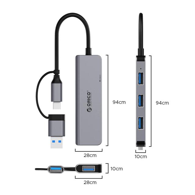 Хъб Orico YSA5-U3, 4-портов, 1x USB 3.0, 3x USB 2.0, Aluminium, Grey, USB (A) / Type-C