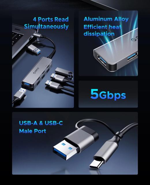 Хъб Orico YSA5-U3, 4-портов, 1x USB 3.0, 3x USB 2.0, Aluminium, Grey, USB (A) / Type-C