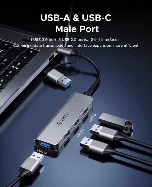 Хъб Orico YSA5-U3, 4-портов, 1x USB 3.0, 3x USB 2.0, Aluminium, Grey, USB (A) / Type-C