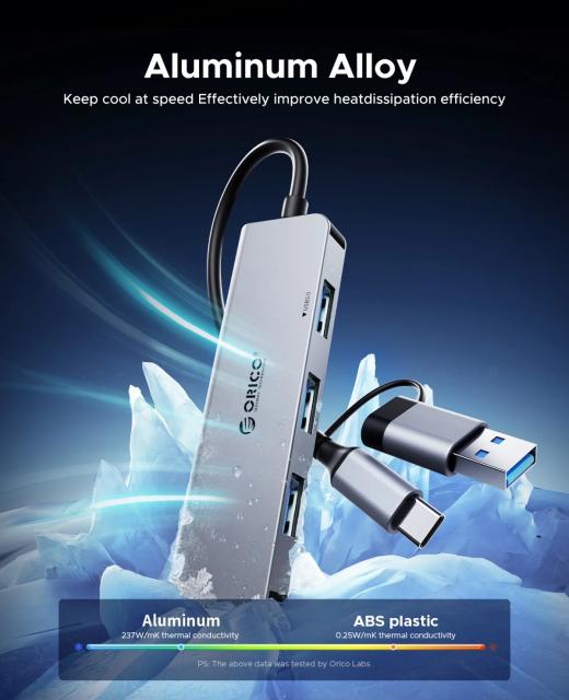 Хъб Orico YSA5-U3, 4-портов, 1x USB 3.0, 3x USB 2.0, Aluminium, Grey, USB (A) / Type-C