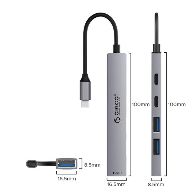 Хъб Orico YSB4-U2, 5-портов, 1x USB 3.0, 3x USB 2.0, 2x USB Type-C, Aluminium, Grey, USB (A) / Type-C