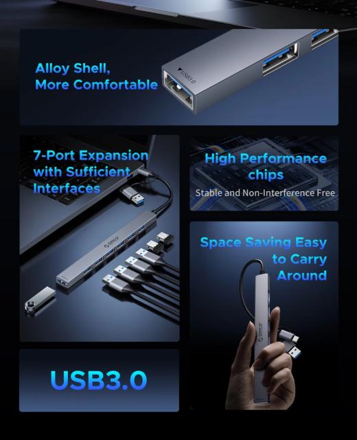 Хъб Orico YSB4-U2, 5-портов, 1x USB 3.0, 3x USB 2.0, 2x USB Type-C, Aluminium, Grey, USB (A) / Type-C