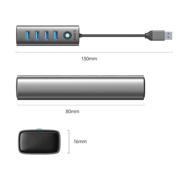 Хъб Orico 4 портов, USB3.0, Aluminium, Grey
