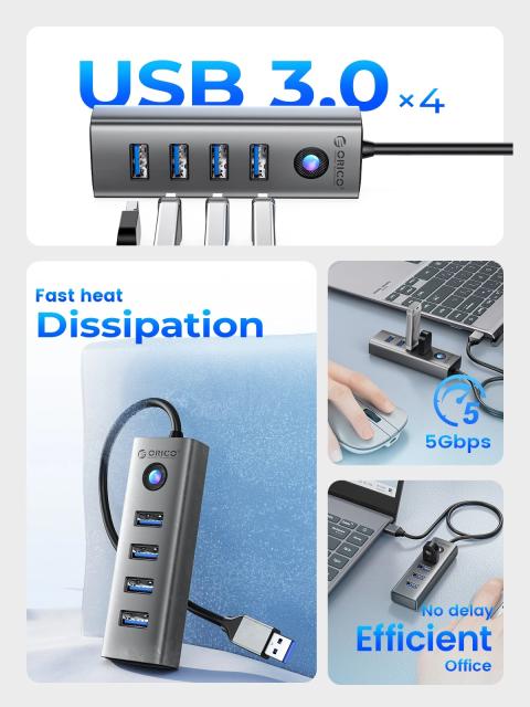 Хъб Orico 4 портов, USB3.0, Aluminium, Grey