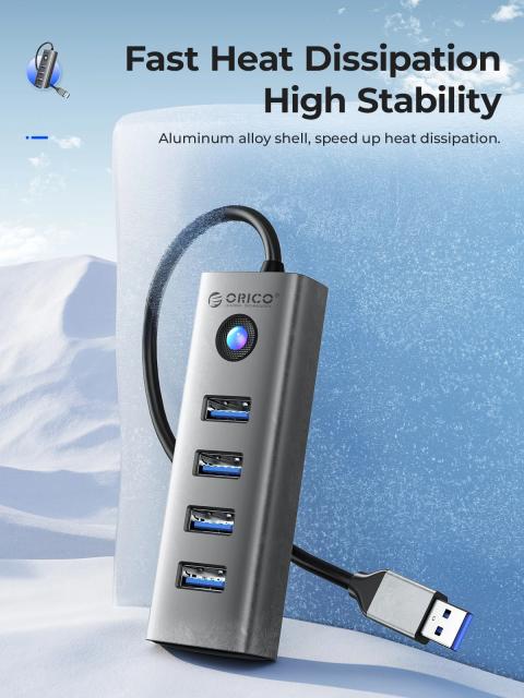Хъб Orico 4 портов, USB3.0, Aluminium, Grey