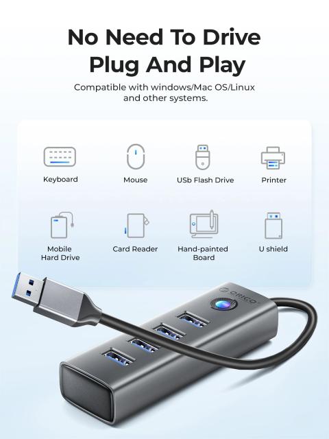 Хъб Orico 4 портов, USB3.0, Aluminium, Grey