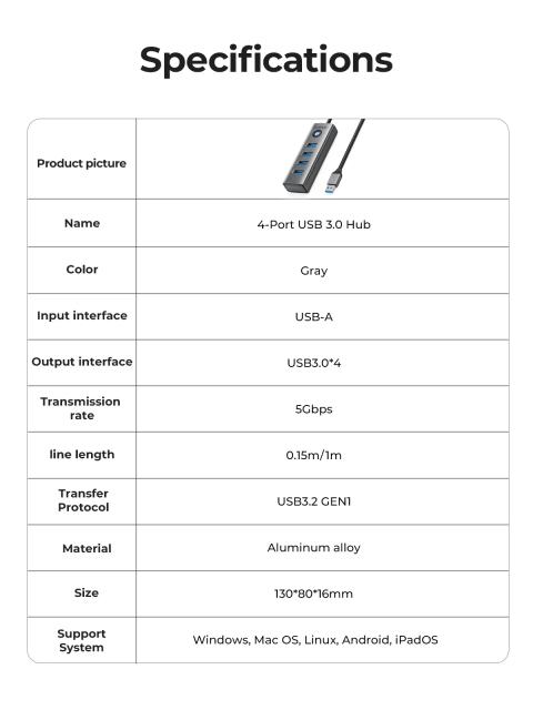 Хъб Orico 4 портов, USB3.0, Aluminium, Grey