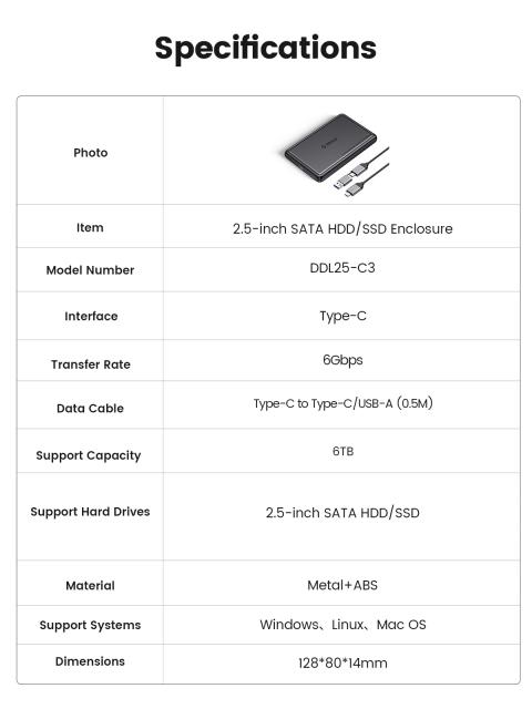 Кутия Orico DDL25-C3 HDD / SSD 2.5" (6.35 cm), USB A/Type-C Black