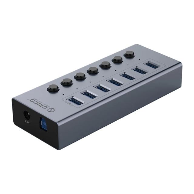 Хъб Orico 7 портов Aluminium, бутони за включване/изключване, захранващ адаптер