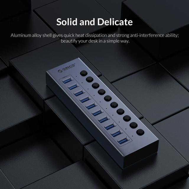 Хъб Orico 7 портов Aluminium, бутони за включване/изключване, захранващ адаптер