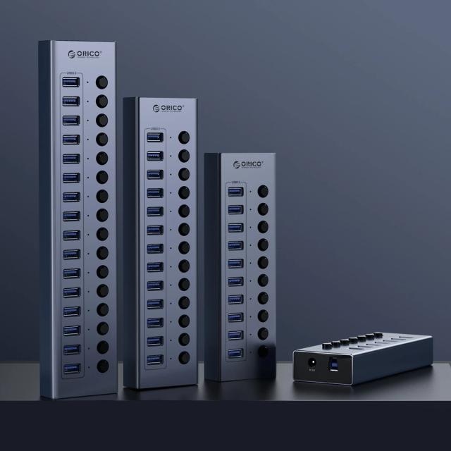Хъб Orico 7 портов Aluminium, бутони за включване/изключване, захранващ адаптер