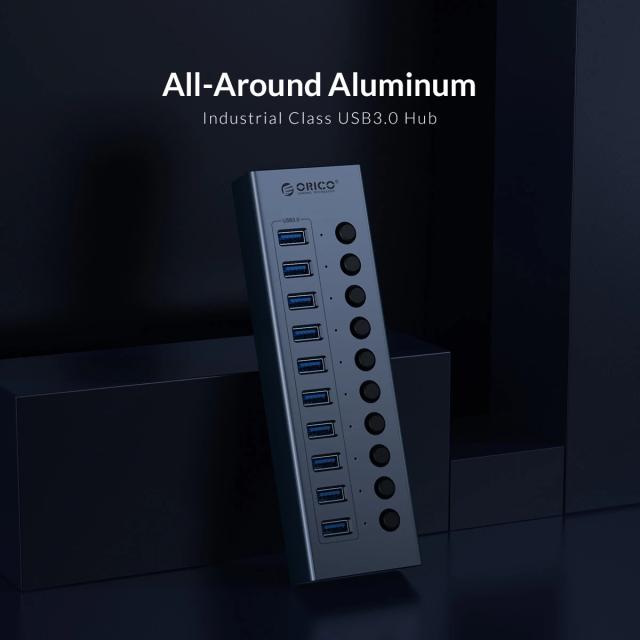Хъб Orico 7 портов Aluminium, бутони за включване/изключване, захранващ адаптер