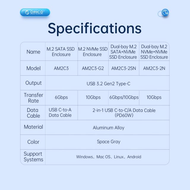 Кутия Orico AM2C3-G2 SSD M.2 NVMe, Aluminium. USB-A /Type-C 