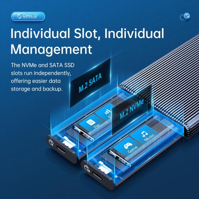 Кутия Orico AM2C3-2N Dual-Bay SSD M.2 NVMe, Aluminium, USB Type-C 10Gbps