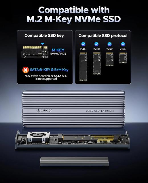 Кутия Orico ACOM2-U4 SSD M.2 NVMe , Built-in Air Cooling, Aluminium. USB-A /Type-C 
