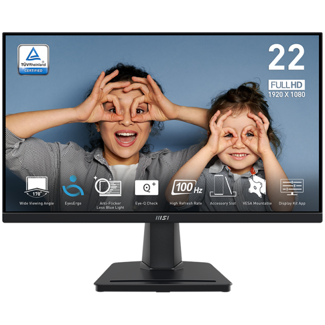 Монитор MSI PRO MP225V, 21.45"(54.48cm) FHD VA Anti-glare, 100Hz, 1ms, 4000:1, 300cd/m2, VGA, HDMI