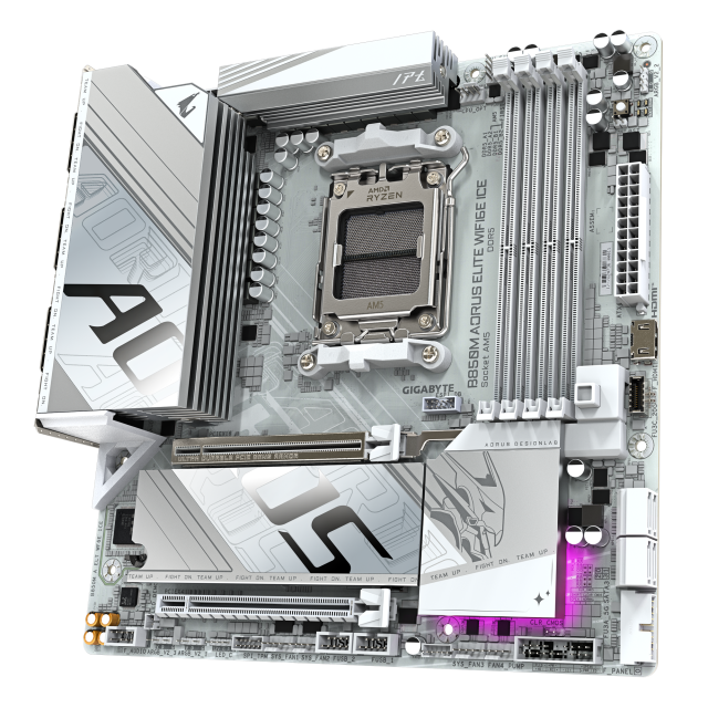 Дънна платка GIGABYTE B850M AORUS ELITE WIF6E ICE, AM5, 4x DDR5, 3x M.2, 4x SATA 6Gb/s, WIFI 6E, Bluetooth v5.3, HDMI, DP, mATX