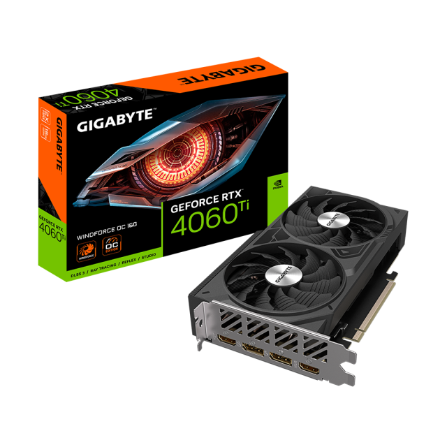 Видео карта GIGABYTE nVidia GeForce RTX4060 Ti WINDFORCE OC 16GB GDDR6, 128-bit, 2x HDMI, 2x DP