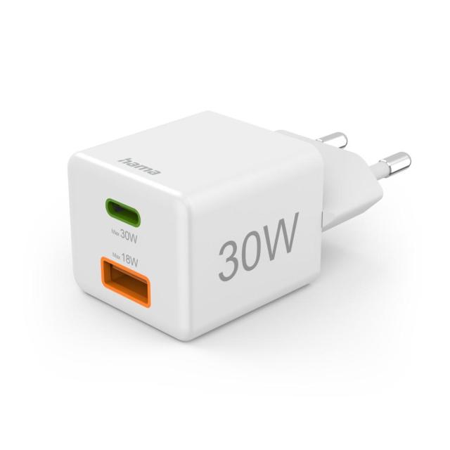 HAMA Бързо мини зарядно, 30W, 1x USB-C, 1x USB-A, PD, бял