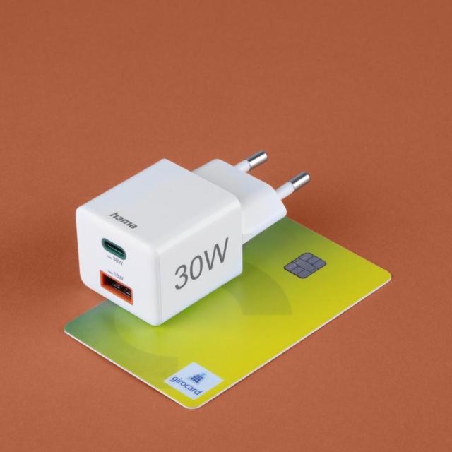 HAMA Бързо мини зарядно, 30W, 1x USB-C, 1x USB-A, PD, бял