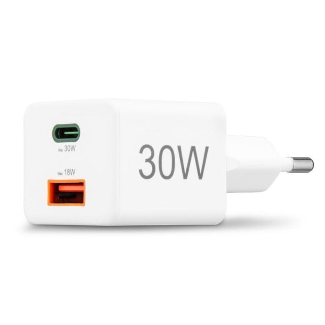 HAMA Бързо мини зарядно, 30W, 1x USB-C, 1x USB-A, PD, бял