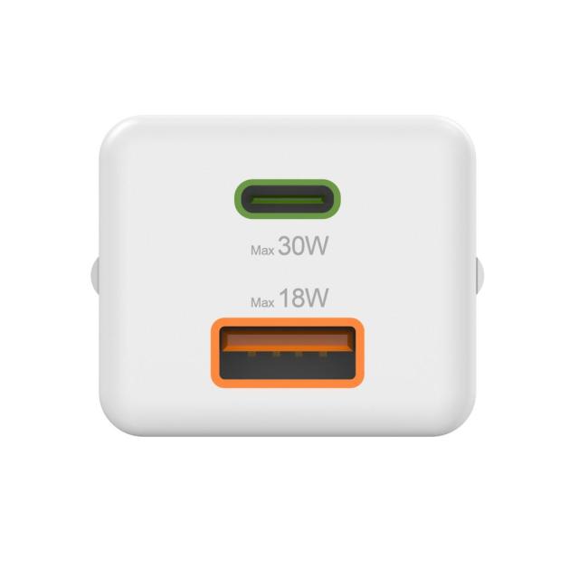 HAMA Бързо мини зарядно, 30W, 1x USB-C, 1x USB-A, PD, бял