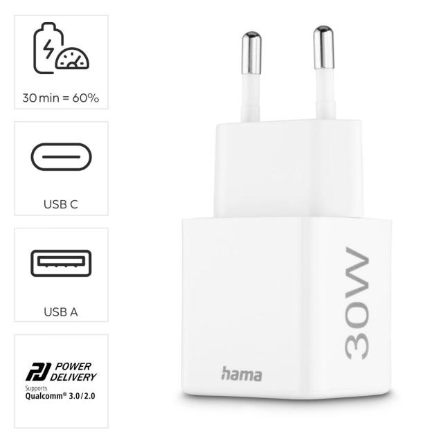 HAMA Бързо мини зарядно, 30W, 1x USB-C, 1x USB-A, PD, бял