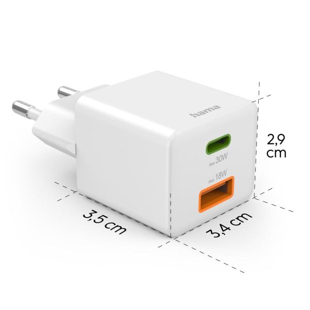 HAMA Бързо мини зарядно, 30W, 1x USB-C, 1x USB-A, PD, бял