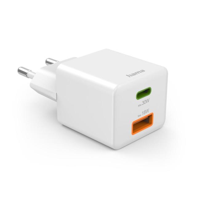 HAMA Бързо мини зарядно, 30W, 1x USB-C, 1x USB-A, PD, бял