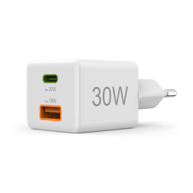 HAMA Бързо мини зарядно, 30W, 1x USB-C, 1x USB-A, PD, бял