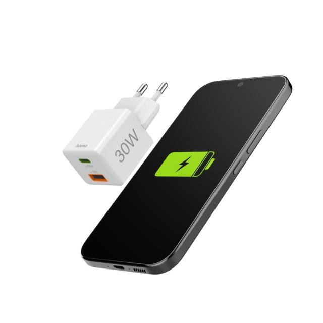 HAMA Бързо мини зарядно, 30W, 1x USB-C, 1x USB-A, PD, бял