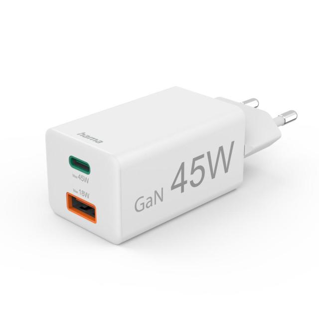 HAMA Бързо мини зарядно, 45W, 1x USB-C - 1x USB-A, PD, бяло