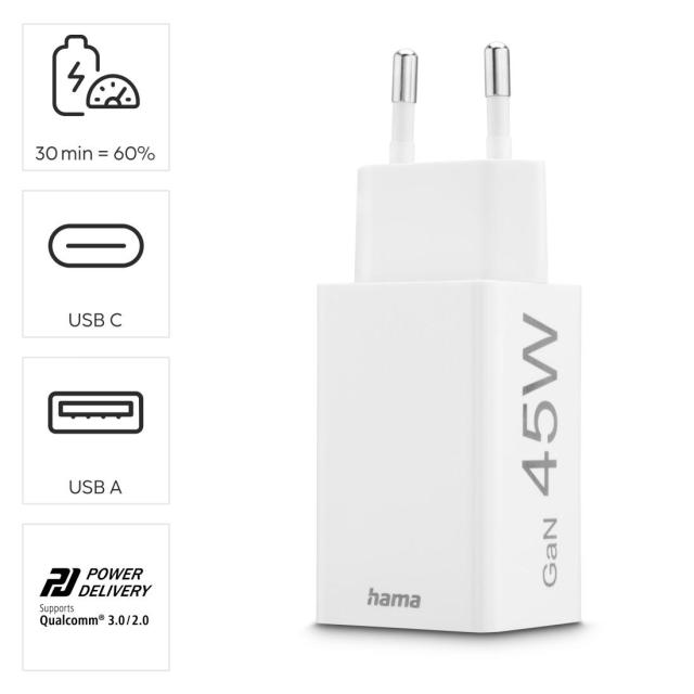 HAMA Бързо мини зарядно, 45W, 1x USB-C - 1x USB-A, PD, бяло