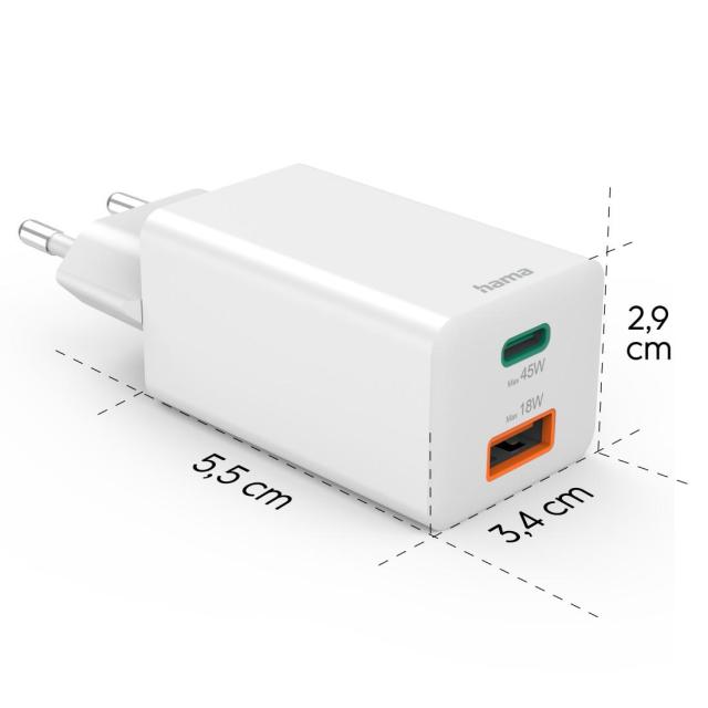 HAMA Бързо мини зарядно, 45W, 1x USB-C - 1x USB-A, PD, бяло