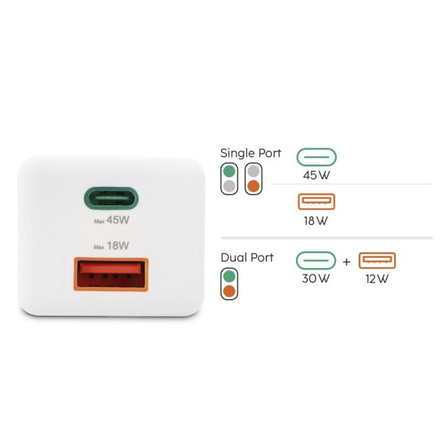 HAMA Бързо мини зарядно, 45W, 1x USB-C - 1x USB-A, PD, бяло