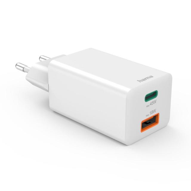 HAMA Бързо мини зарядно, 45W, 1x USB-C - 1x USB-A, PD, бяло
