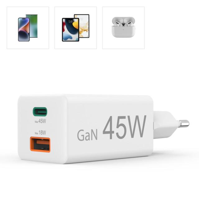 HAMA Бързо мини зарядно, 45W, 1x USB-C - 1x USB-A, PD, бяло