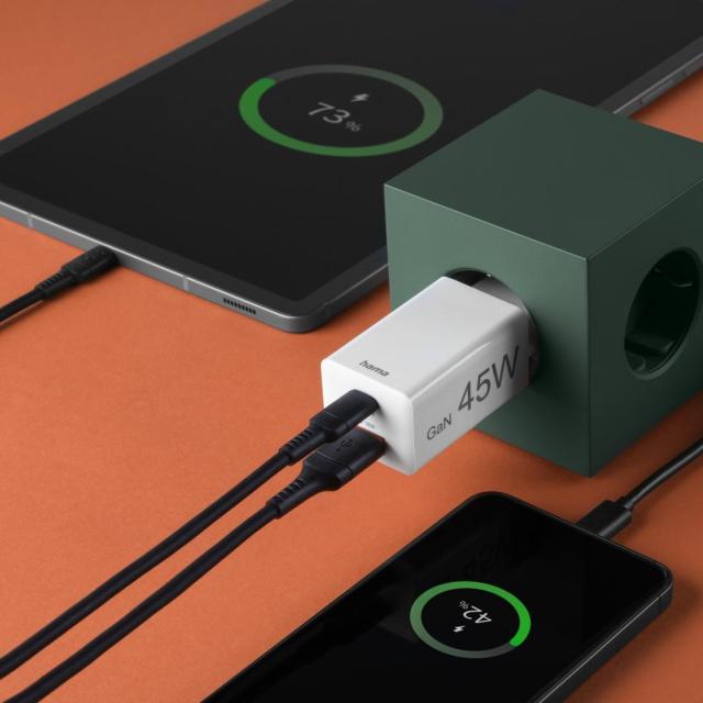 HAMA Бързо мини зарядно, 45W, 1x USB-C - 1x USB-A, PD, бяло