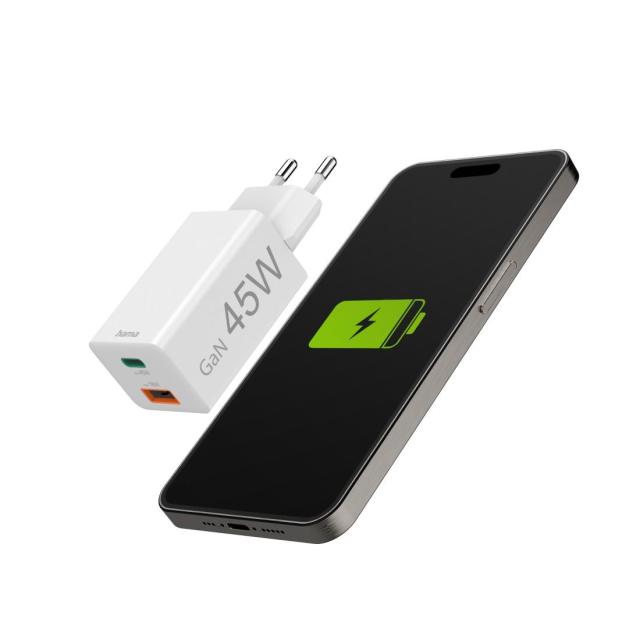 HAMA Бързо мини зарядно, 45W, 1x USB-C - 1x USB-A, PD, бяло
