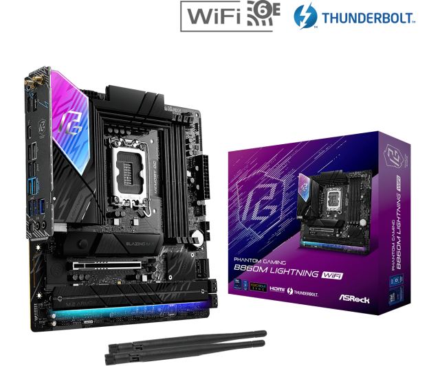 Дънна платка ASROCK B860M Lightning WiFi, AM5, 4x DDR5, 4x M.2 NVMe, 4x SATA 6Gb/s, Wi-Fi 6E, Bluetooth V5.3, HDMI, DP, mATX
