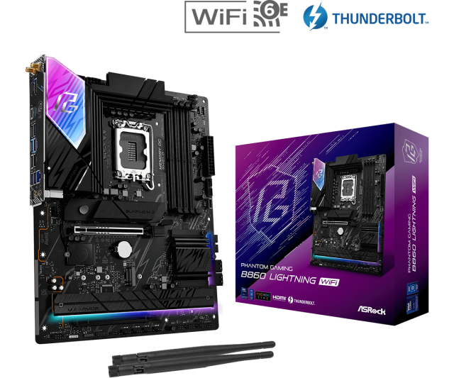 Дънна платка ASROCK B860 Lightning WiFi, AM5, 4x DDR5, 3x M.2 NVMe, 4x SATA 6Gb/s, Wi-Fi 6E, Bluetooth V5.3, HDMI, DP, ATX