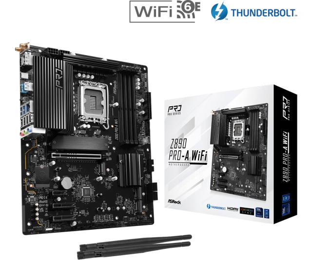Дънна платка ASROCK Z890 PRO-A WIFI, LGA1851, 4x DDR5, 4x M.2 NVMe, 4x SATA 6Gb/s, Wi-Fi6E, Bluetooth V5.3, HDMI, DP, ATX 