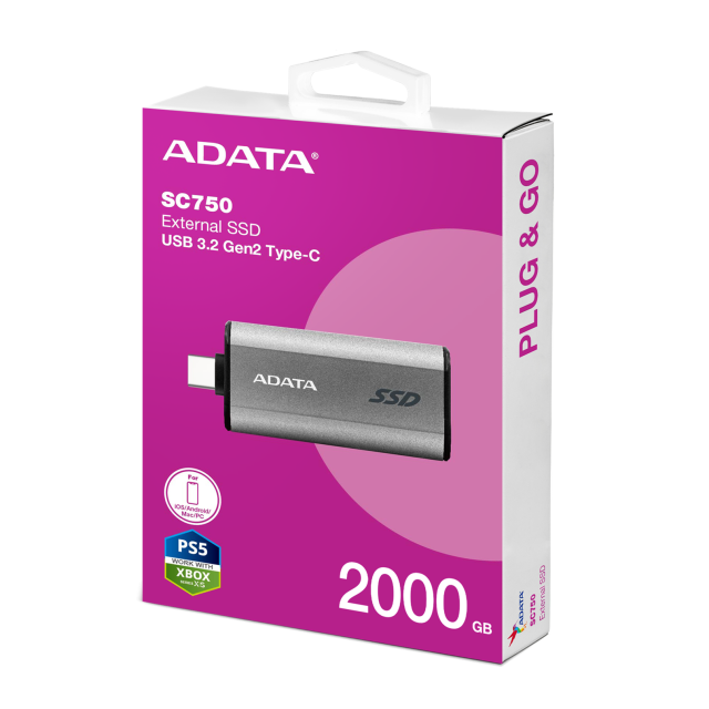 ADATA EXT SSD SC750 2TB, USB 3.2 Gen2 Type-C, GRAY