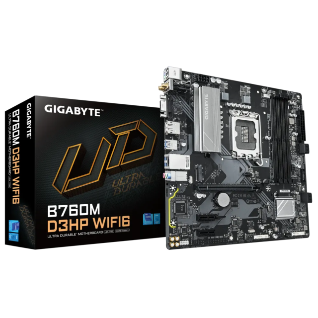 Дънна платка GIGABYTE B760M D3HP WIFI6, LGA1700, 4x DDR5, 2x M.2 NVMe, 4x SATA 6Gb/s, Wi-Fi 6/Bluetooth V5.3, VGA, HDMI, DP, mATX