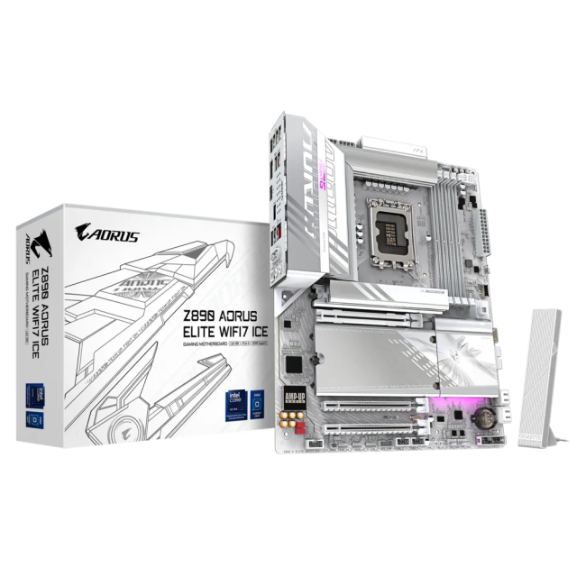 Дънна платка GIGABYTE Z890 AORUS ELITE WIFI7 ICE, LGA1851, 4x DDR5, PCIe 5.0, 4x M.2 NVMe, 4x SATA 6Gb/s, Wi-Fi 7, BLUETOOTH 5.4, DP, ATX