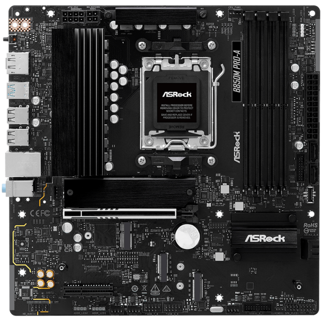 Дънна платка ASRock B850M PRO-A, AM5, 4x DDR5, 3x M.2, 4x SATA 6Gb/s, HDMI, DP, mATX