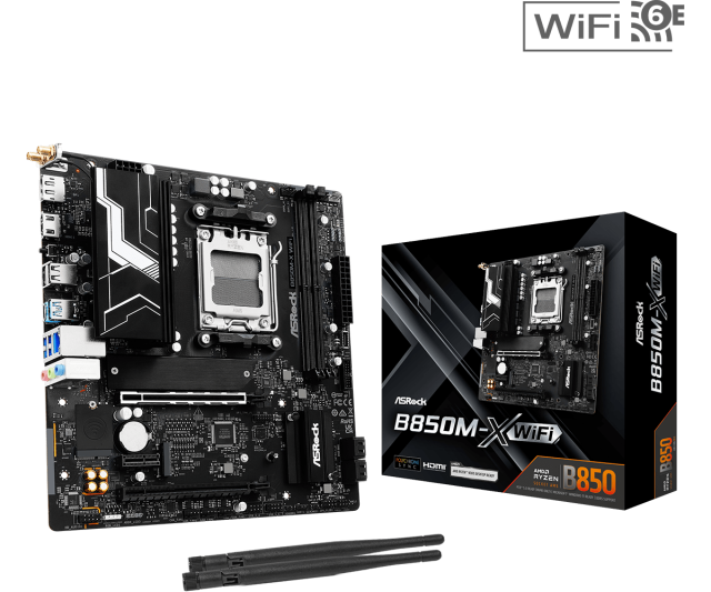 Дънна платка ASROCK B850M-X WIFI, AM5, 2x DDR5, 2x M.2, 4x SATA 6Gb/s, Wi-Fi 6E, Bluetooth v5.2, HDMI, DP, mATX